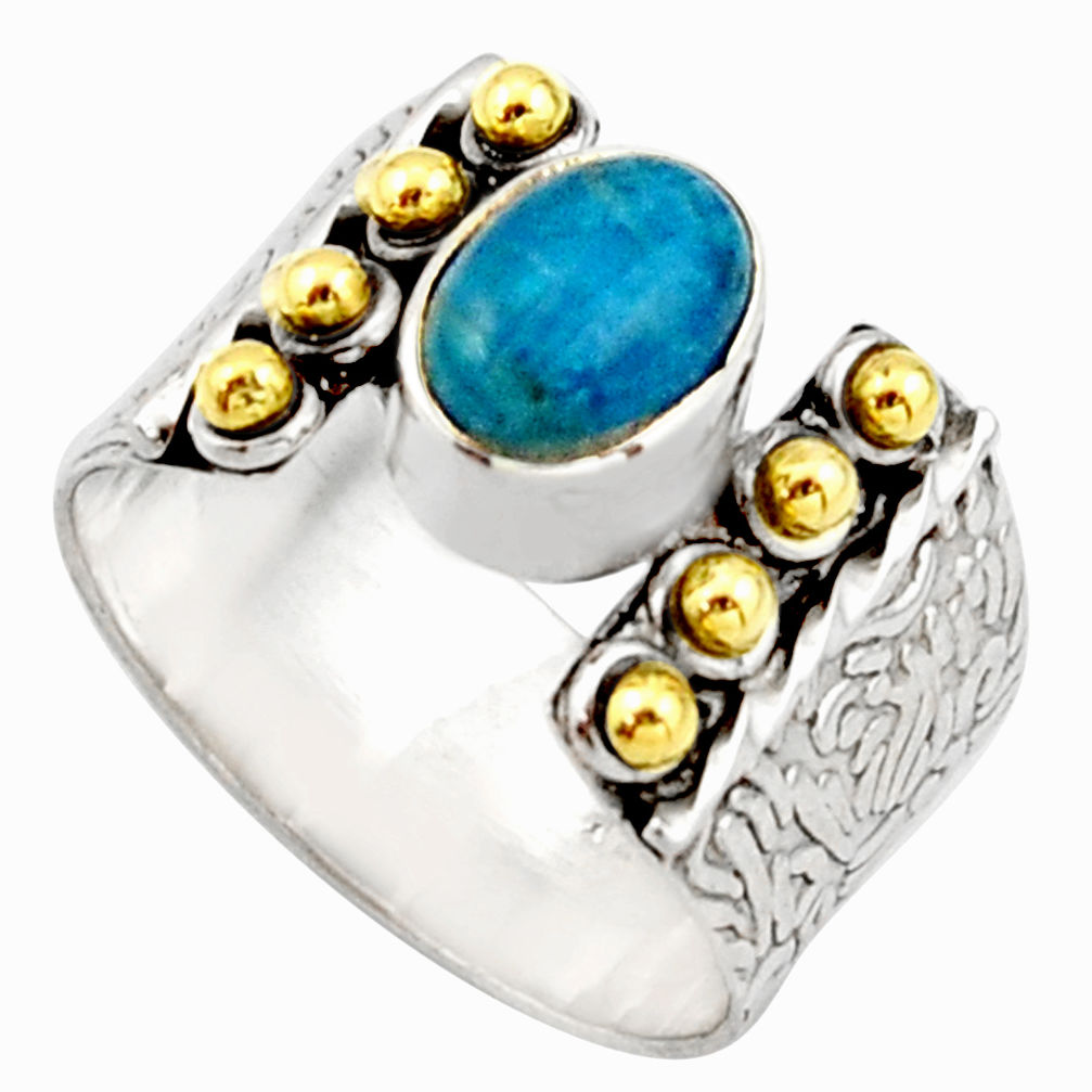 925 silver 2.01cts victorian natural blue apatite two tone ring size 8.5 r21084