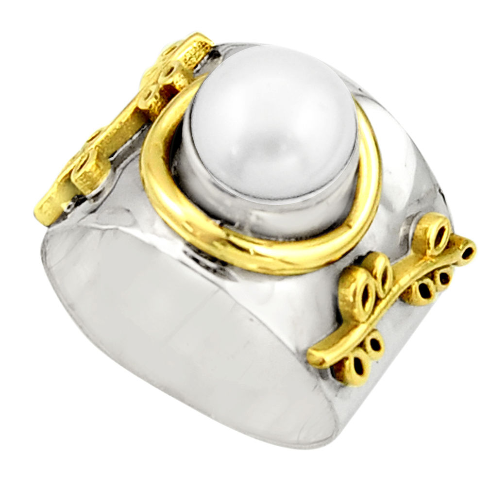 925 silver 3.24cts victorian natural white pearl two tone ring size 7.5 r21017