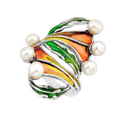 925 silver 4.46cts yellow orange green enamel natural pearl ring size 7.5 y65084