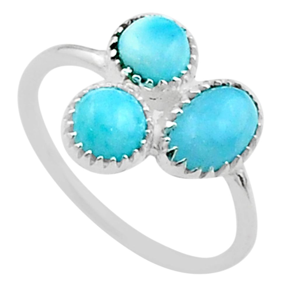 925 sterling silver 3.32cts 3 stone natural blue larimar ring size 7.5 t60446