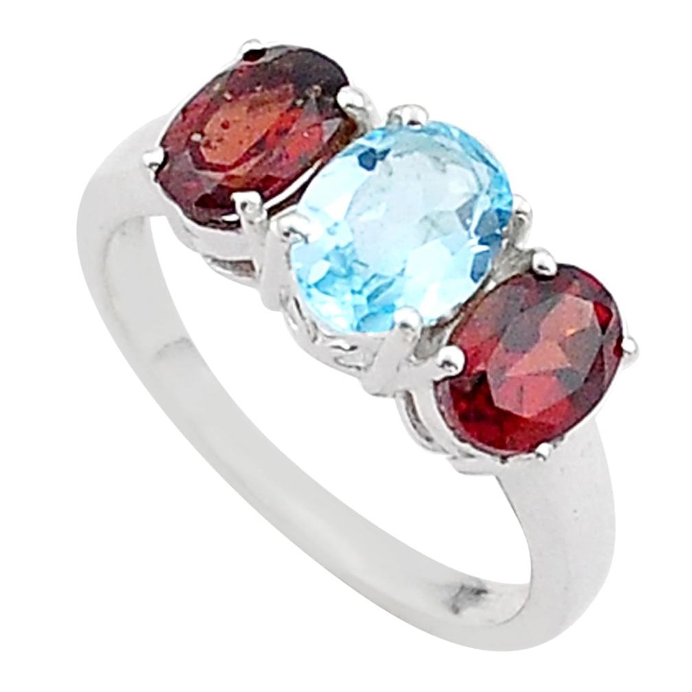 925 sterling silver 5.21cts 3 stone natural blue topaz garnet ring size 7 t66013