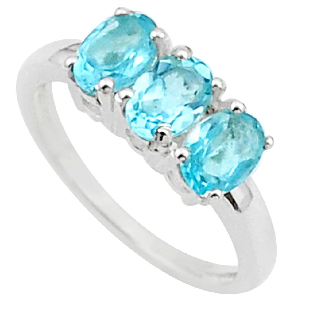 925 sterling silver 2.73cts 3 stone natural blue topaz oval ring size 7 t40905