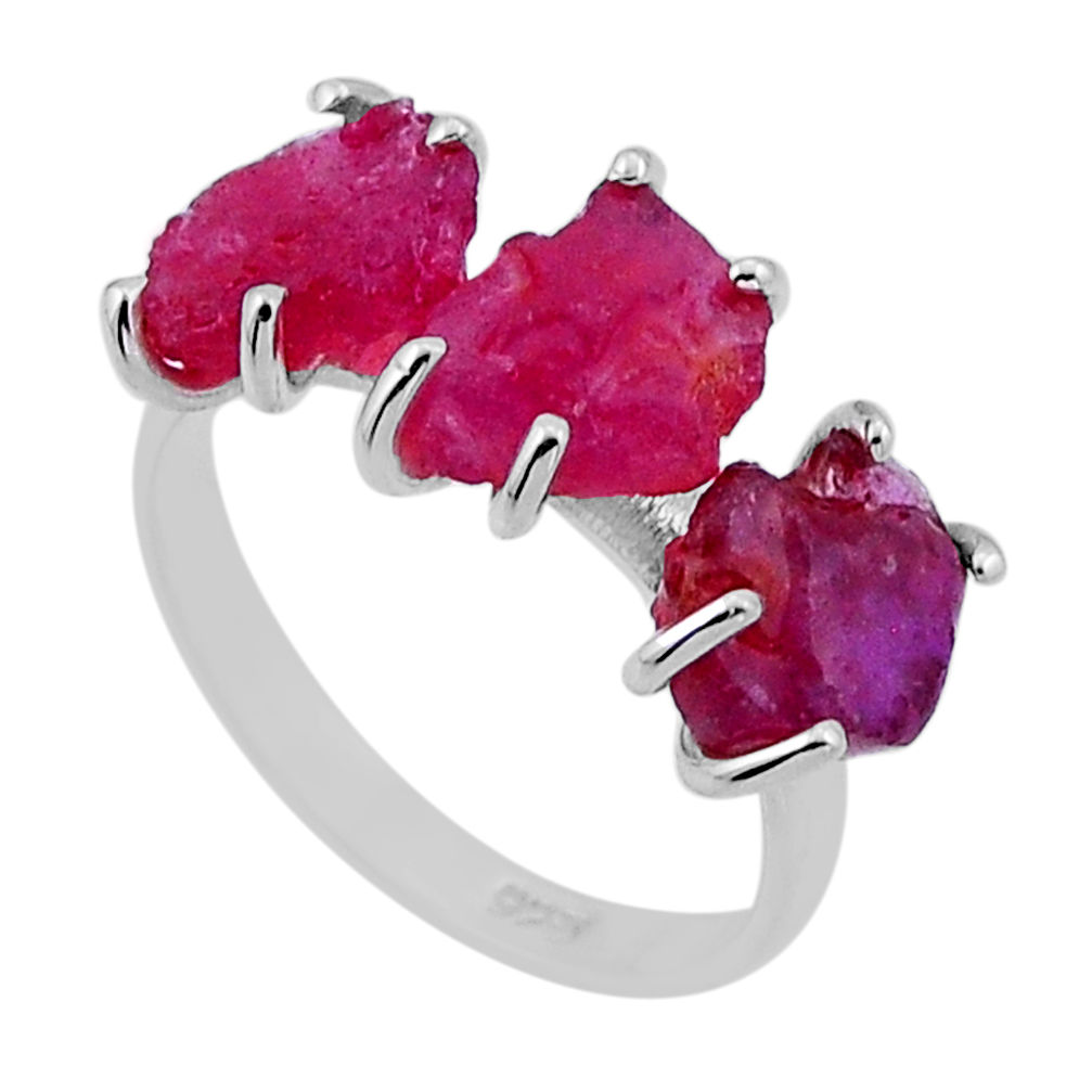 925 sterling silver 6.73cts 3 stone natural pink ruby rough ring size 6 n49596