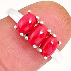 925 sterling silver 2.74cts 3 stone natural red coral oval ring size 7.5 y4359