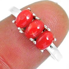 925 sterling silver 2.67cts 3 stone natural red coral oval ring size 8.5 y4371