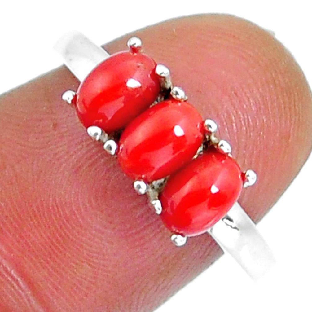 925 sterling silver 2.71cts 3 stone natural red coral ring jewelry size 6 y4374