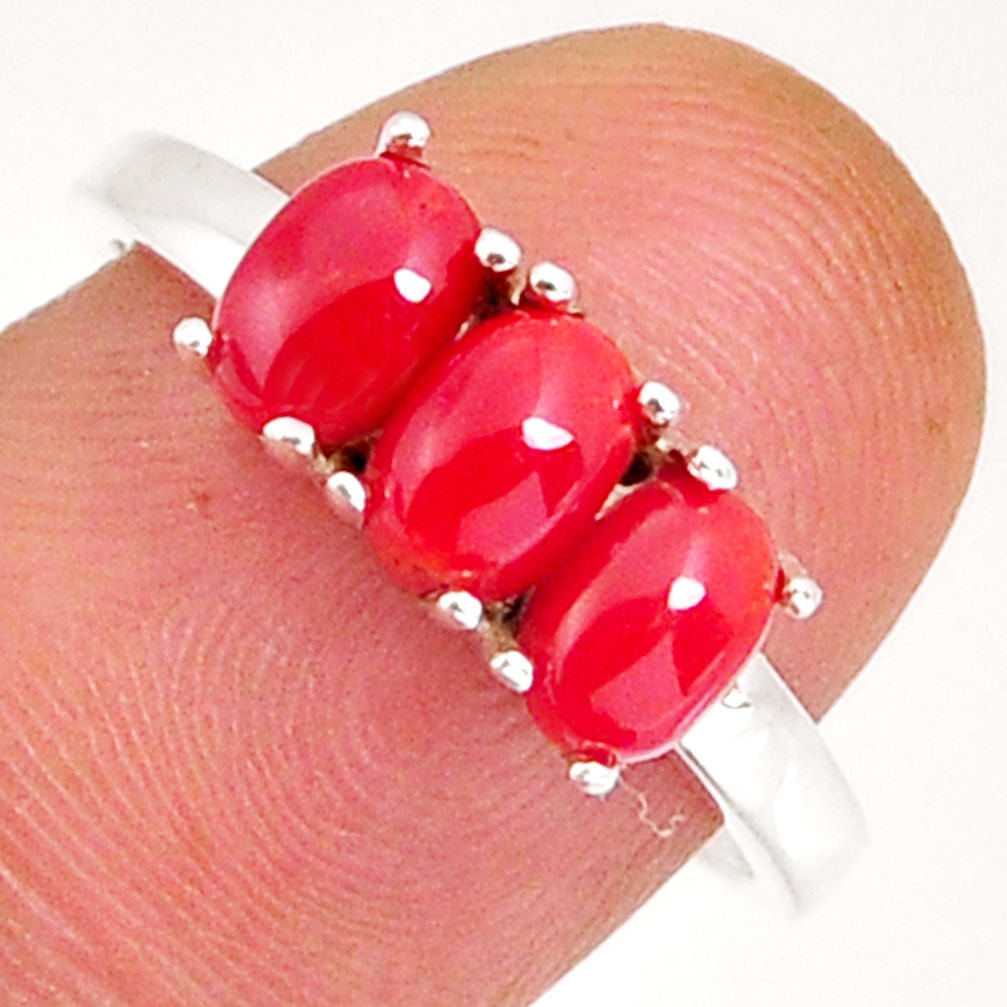 925 sterling silver 2.67cts 3 stone natural red coral ring jewelry size 7 y4358