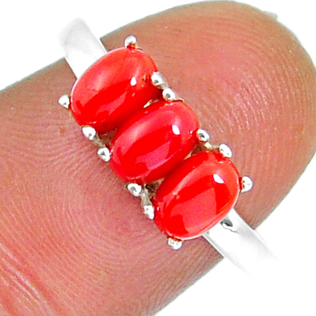 925 sterling silver 2.73cts 3 stone natural red coral ring jewelry size 8 y4380