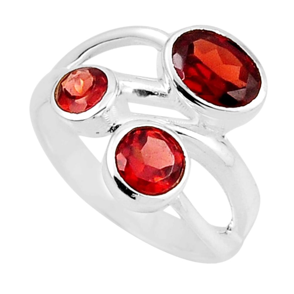 925 sterling silver 3.26cts 3 stone natural red garnet oval ring size 4 y45404