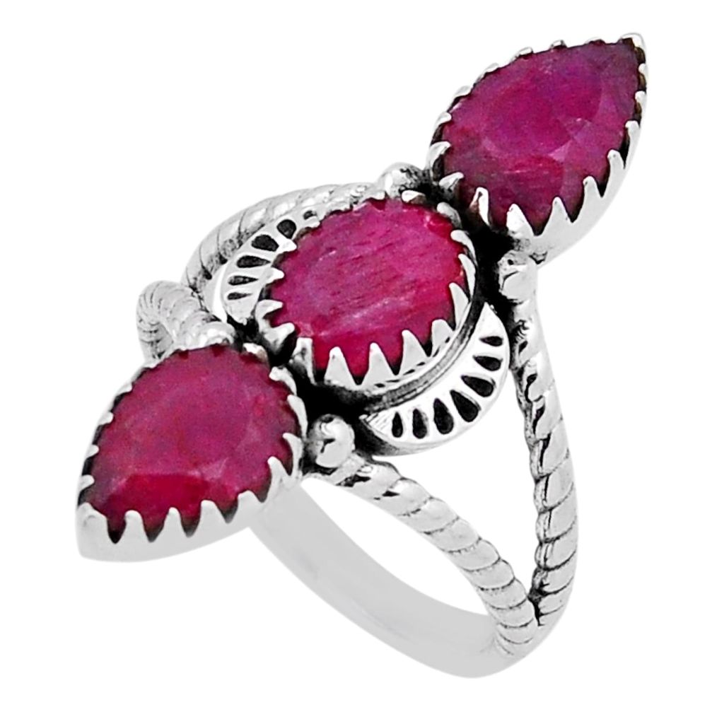 925 sterling silver 5.53cts 3 stone natural red ruby oval ring size 6.5 n40311