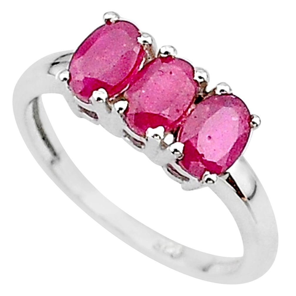 925 sterling silver 2.96cts 3 stone natural red ruby oval ring size 7 t18256