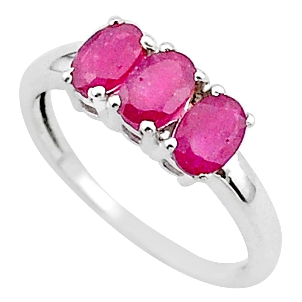 925 sterling silver 3.43cts 3 stone natural red ruby oval ring size 8 t40863