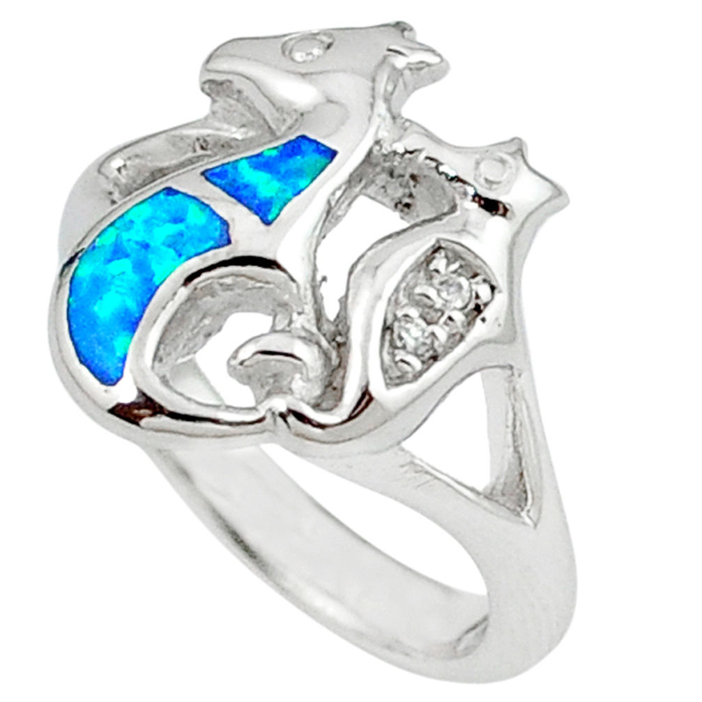 LAB 925 sterling silver blue australian opal (lab) seahorse ring size 6.5 c15796