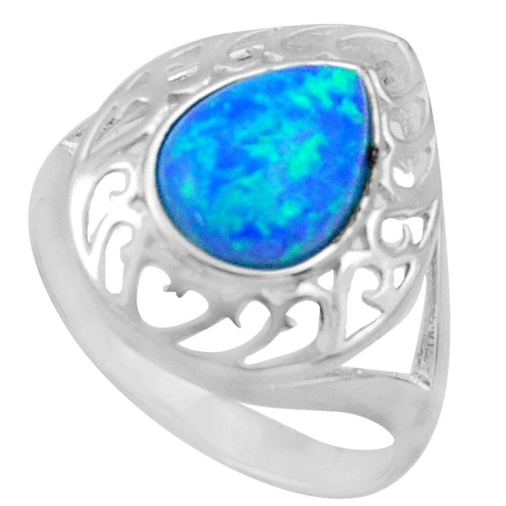 925 sterling silver 3.32cts blue australian opal (lab) pear ring size 9 c26248