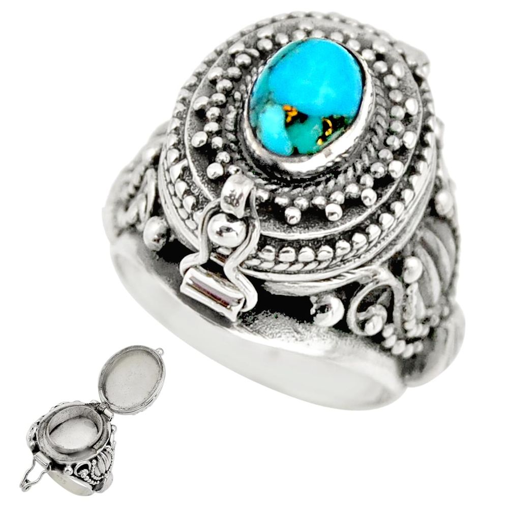 925 sterling silver 2.18cts blue copper turquoise poison box ring size 8 r41184