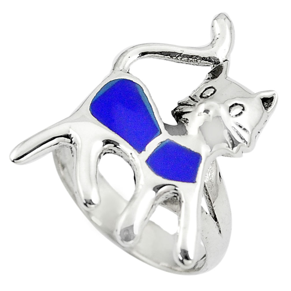 925 sterling silver 4.69gms blue lapis lazuli enamel cat ring size 6.5 c12822