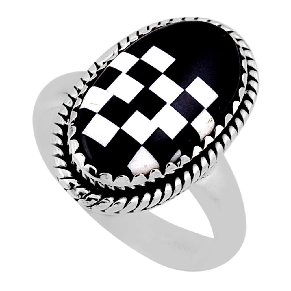 925 sterling silver 6.03cts checker black white strip opal ring size 7 n39353