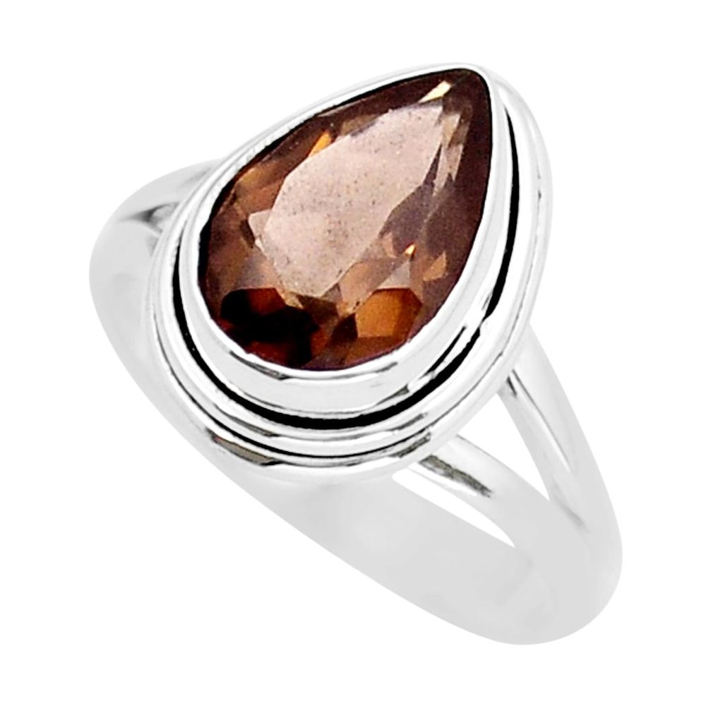925 sterling silver 4.21cts faceted brown smoky topaz pear ring size 7.5 y16315