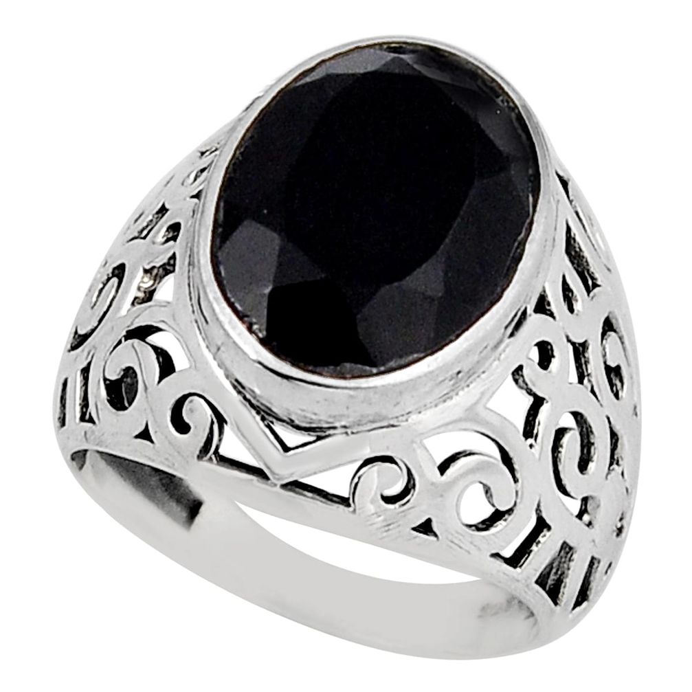 925 sterling silver 6.29cts faceted natural black onyx oval ring size 8.5 y45703