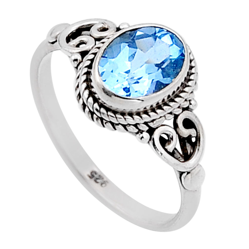 925 sterling silver 2.11cts faceted natural blue topaz oval ring size 6.5 n52676