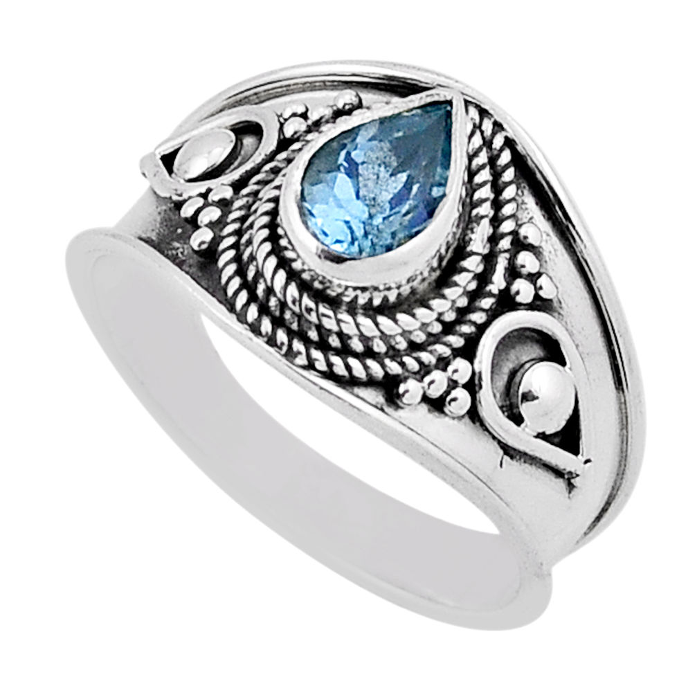 925 sterling silver 1.49cts faceted natural blue topaz pear ring size 7.5 n39911