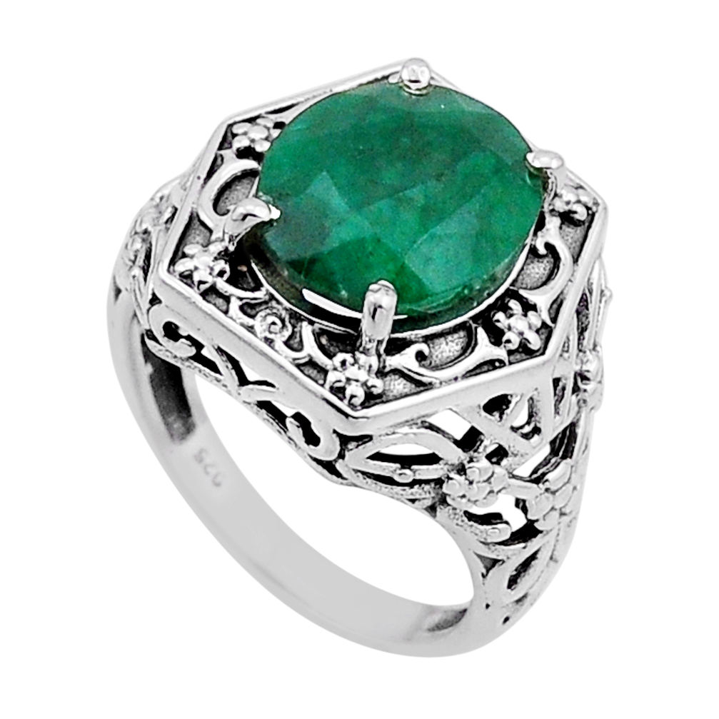 925 sterling silver 4.86cts faceted natural green emerald ring size 7 n52709