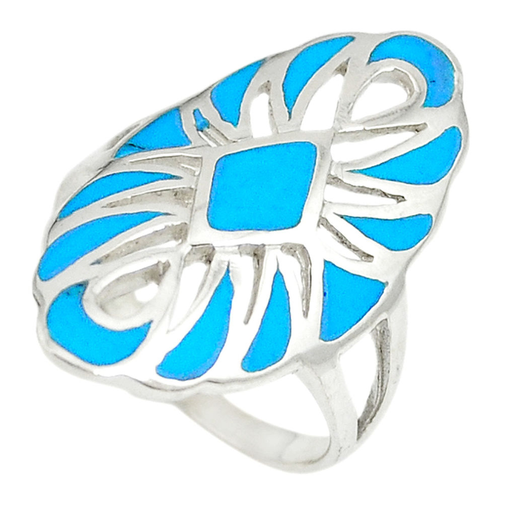 925 sterling silver fine blue turquoise enamel ring jewelry size 7.5 c12889