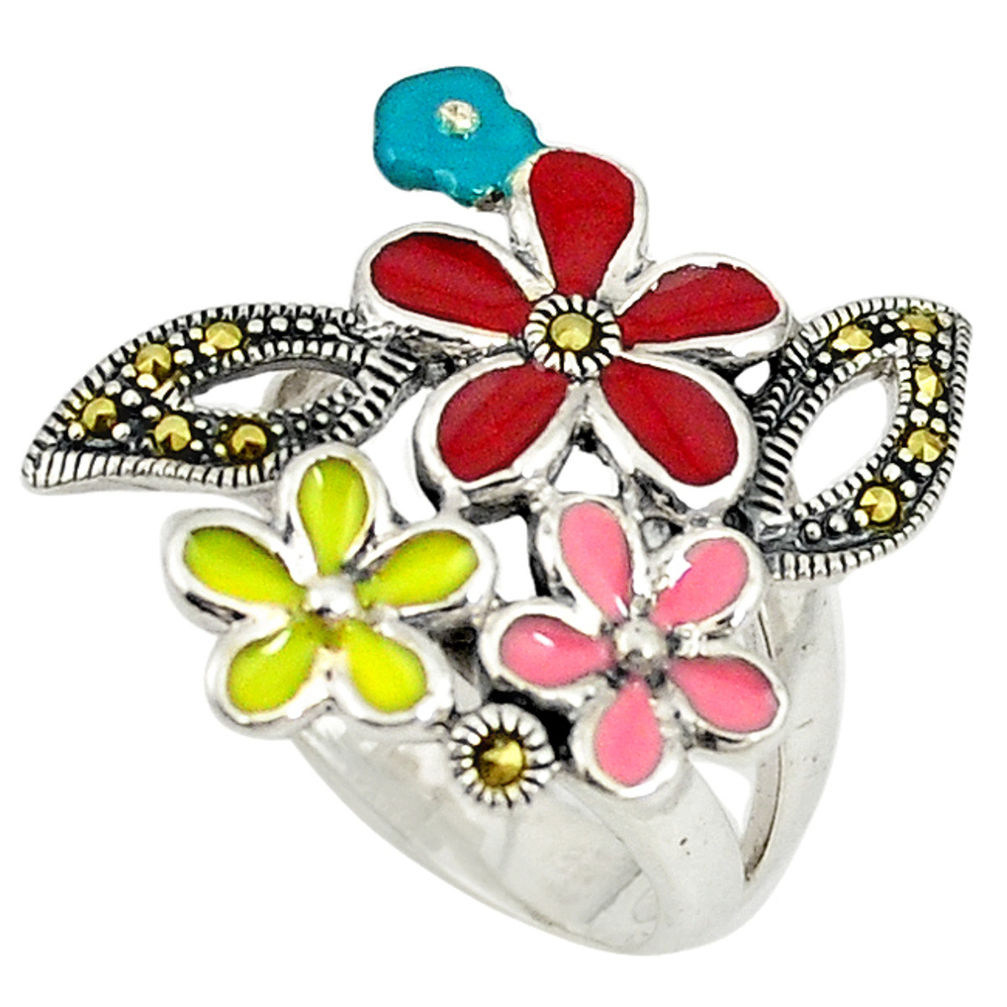 925 sterling silver fine marcasite enamel flower ring jewelry size 7.5 c15933