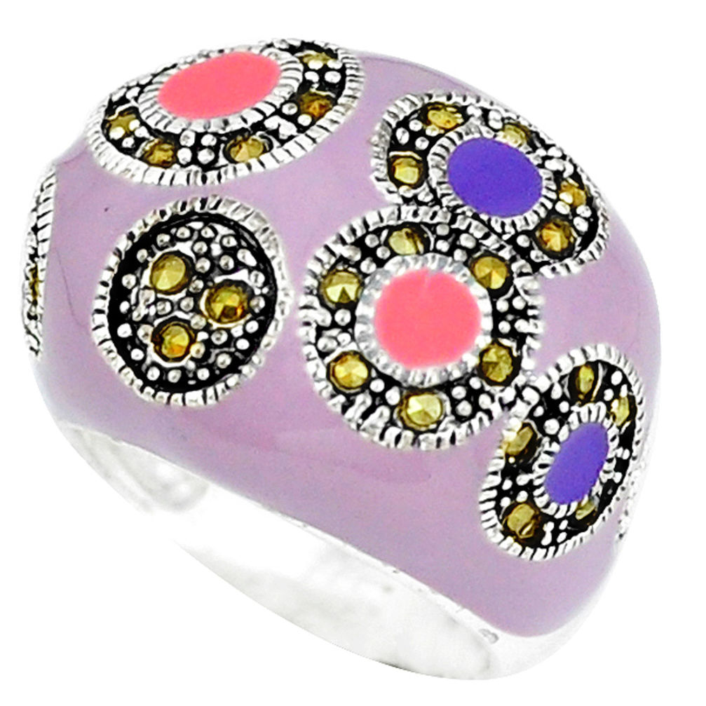 925 sterling silver fine marcasite enamel ring jewelry size 8 c18334