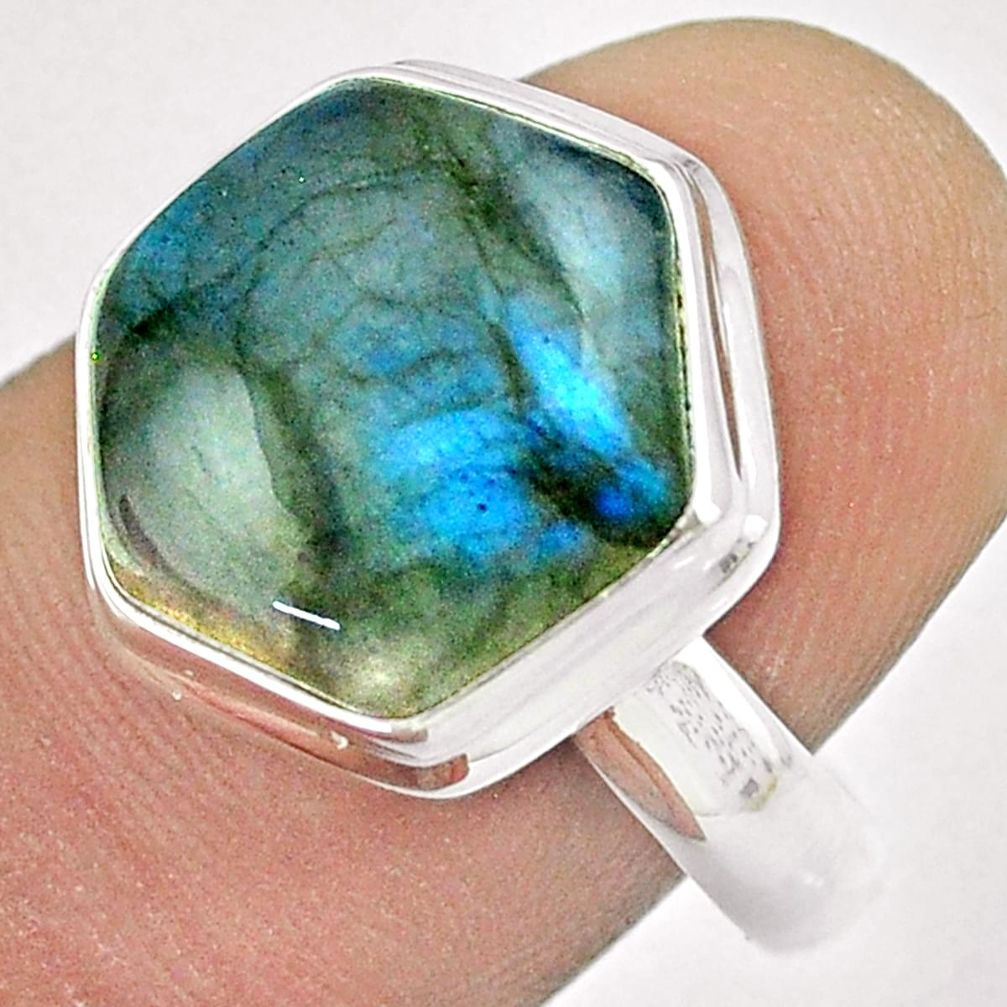 925 sterling silver 5.89cts hexagon natural blue labradorite ring size 8 u23039