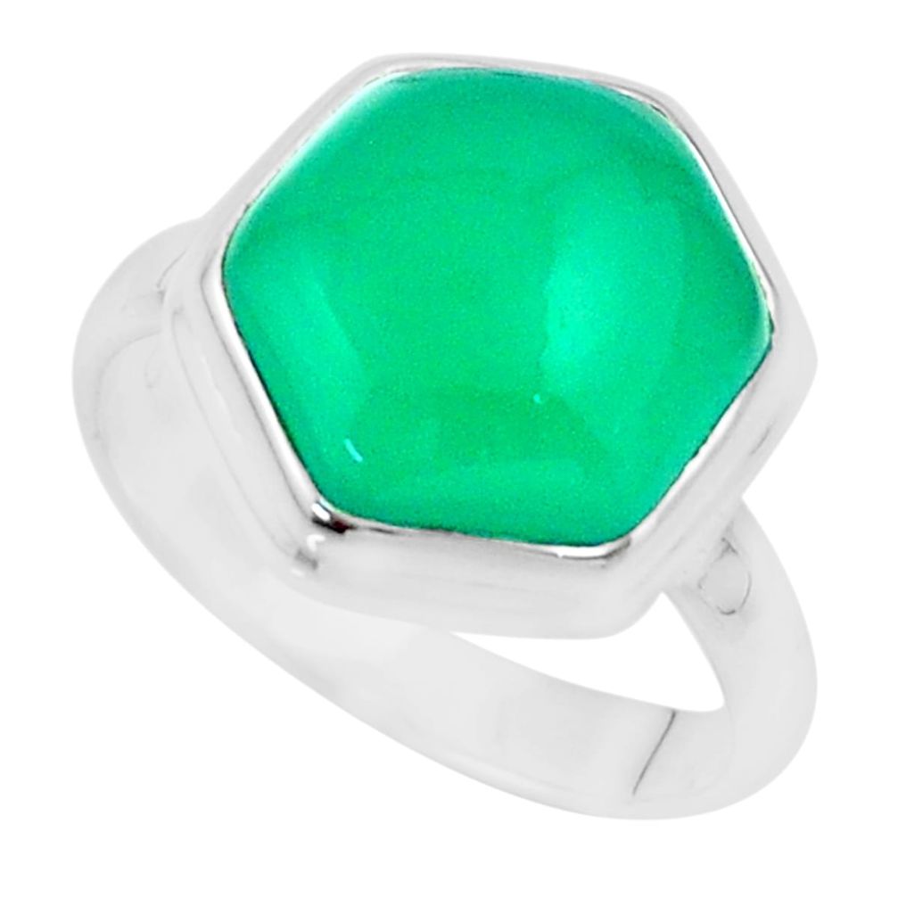 925 sterling silver 6.41cts hexagon natural green chalcedony ring size 8 u23024