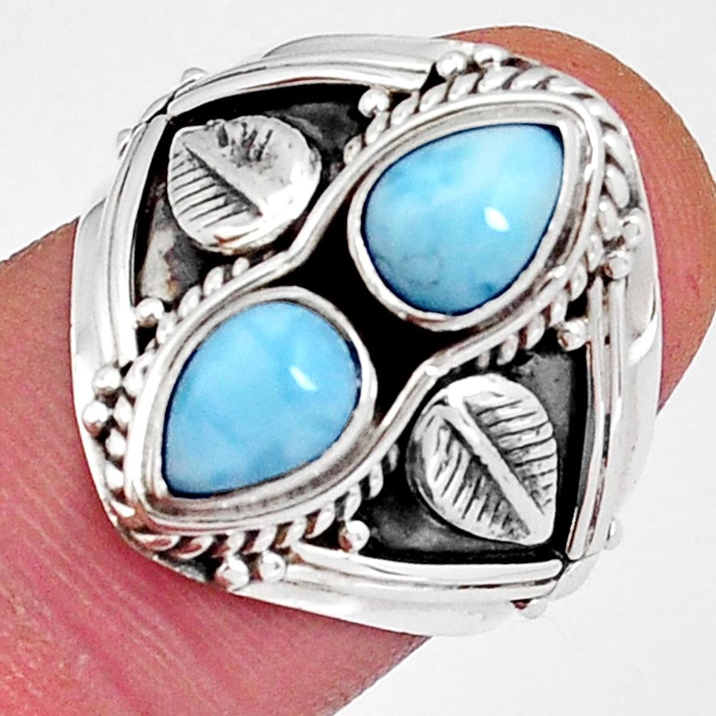 925 sterling silver 3.02cts leaf natural blue larimar pear ring size 7.5 y4563