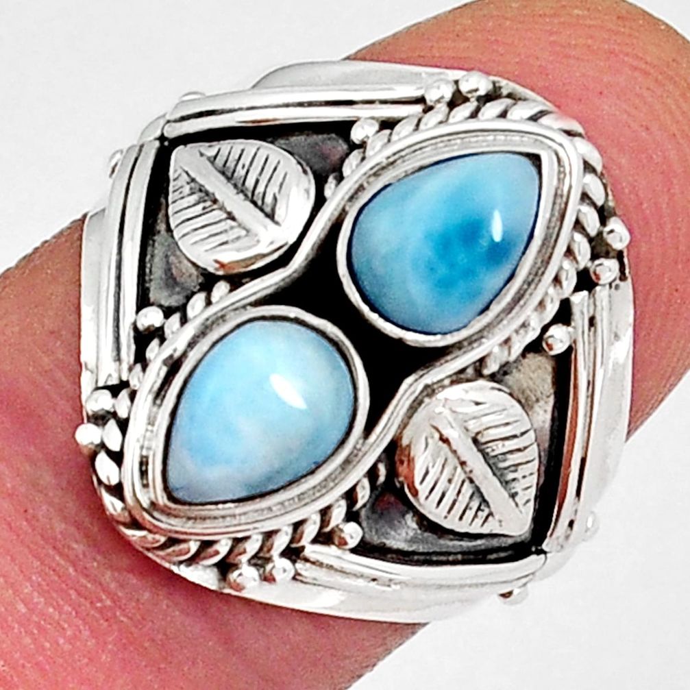925 sterling silver 2.90cts leaf natural blue larimar pear ring size 7.5 y4566