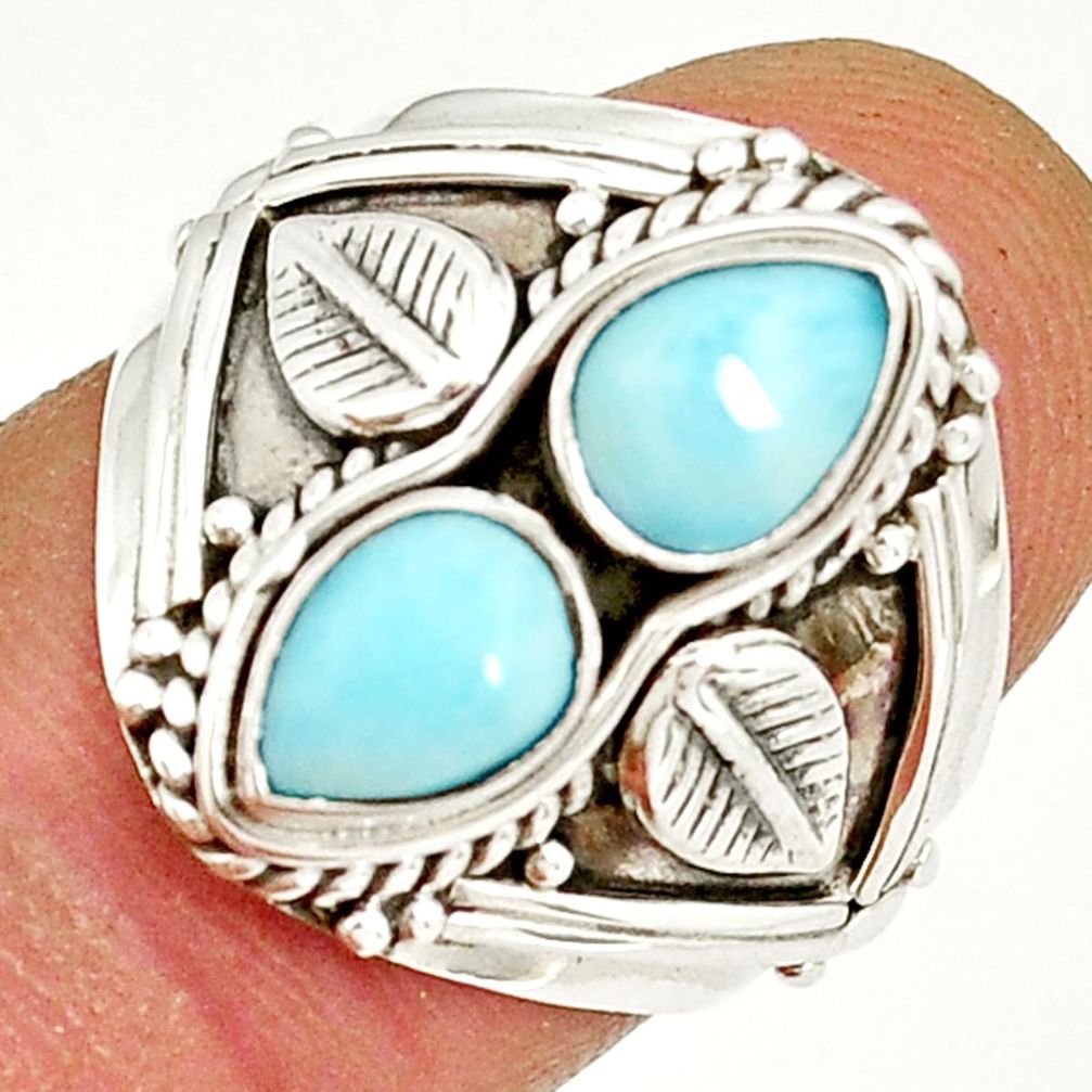 925 sterling silver 3.02cts leaf natural blue larimar pear ring size 7.5 y4631