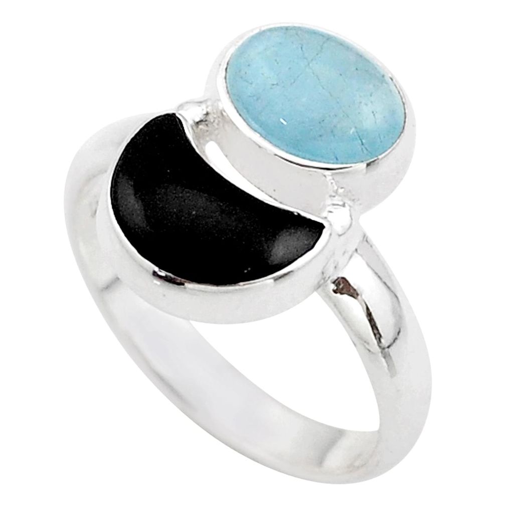 925 sterling silver 7.94cts moon natural blue aquamarine onyx ring size 8 t68780