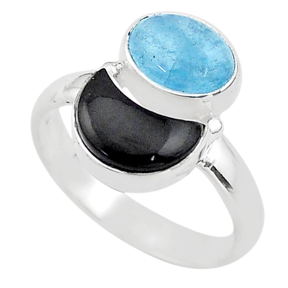 925 sterling silver 7.50cts moon natural blue aquamarine onyx ring size 9 t68808