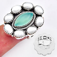 925 sterling silver 18.82cts natural aqua chalcedony pearl ring size 7.5 c30592