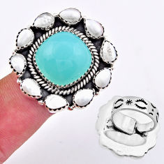 925 sterling silver 23.07cts natural aqua chalcedony pearl ring size 7 c30597