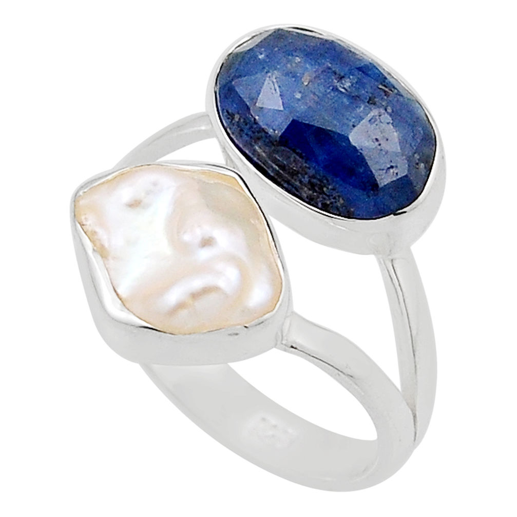 925 sterling silver 9.27cts natural blue kyanite pearl fancy ring size 8 y91070