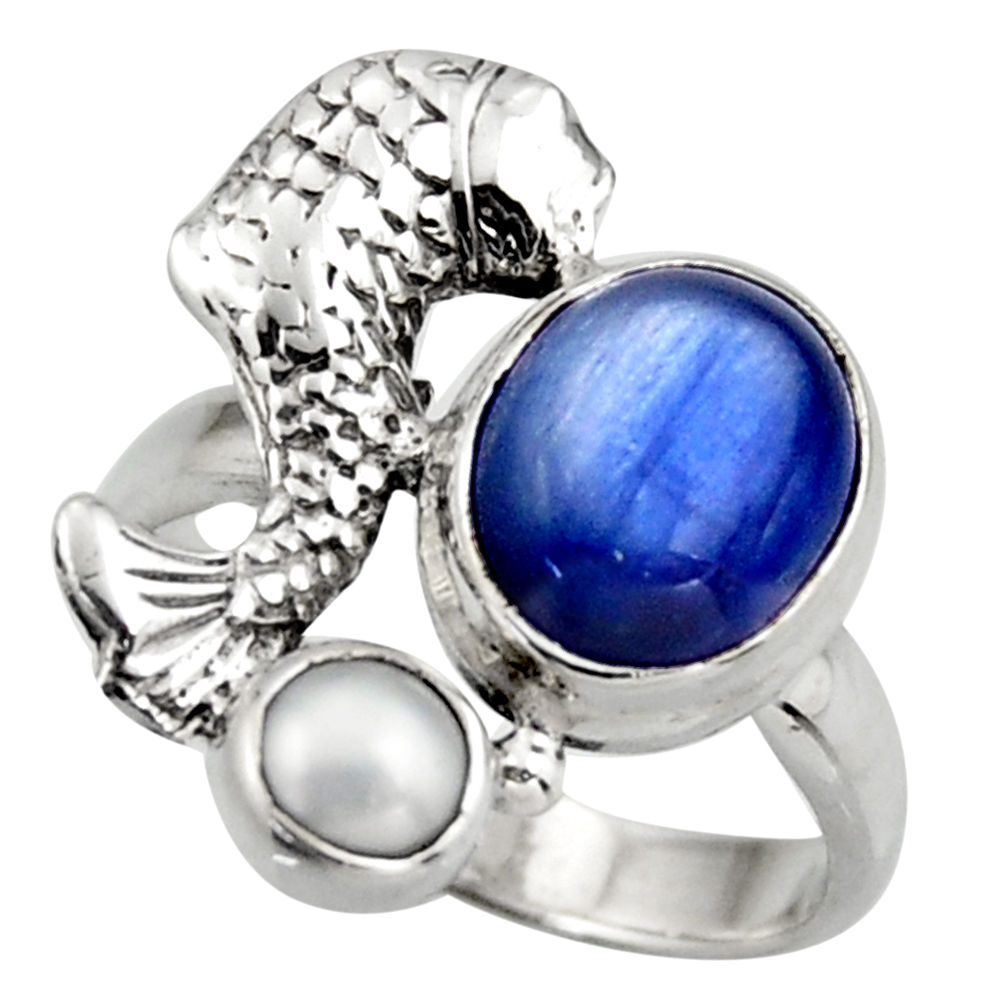 925 sterling silver 5.30cts natural blue kyanite pearl fish ring size 6.5 d46080