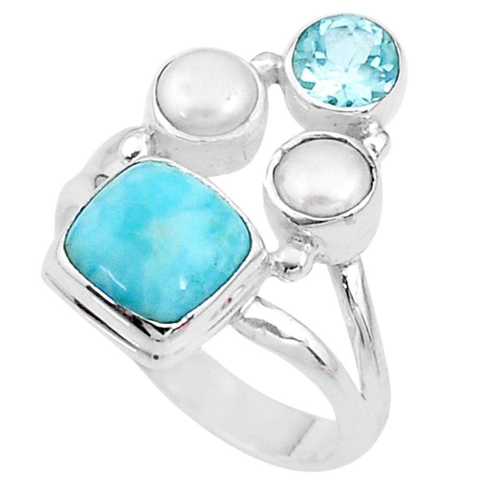 925 sterling silver 5.79cts natural blue larimar topaz pearl ring size 7 t10454