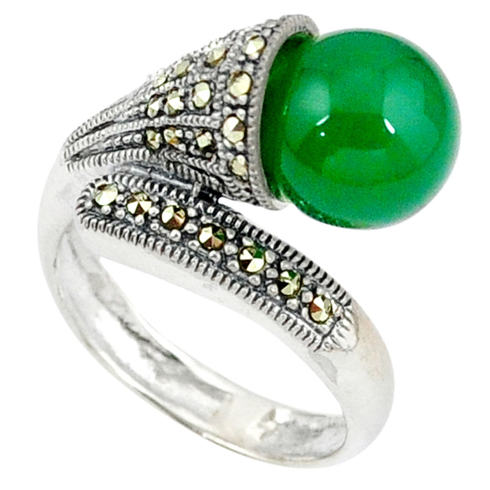 925 sterling silver natural green chalcedony marcasite ring size 8.5 c17467