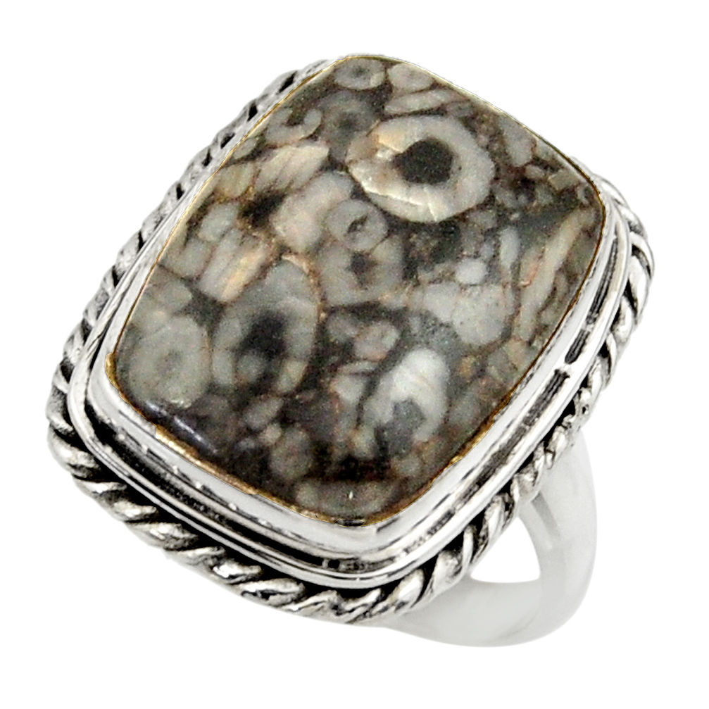 925 sterling silver 14.12cts natural crinoid fossil solitaire ring size 8 r28816
