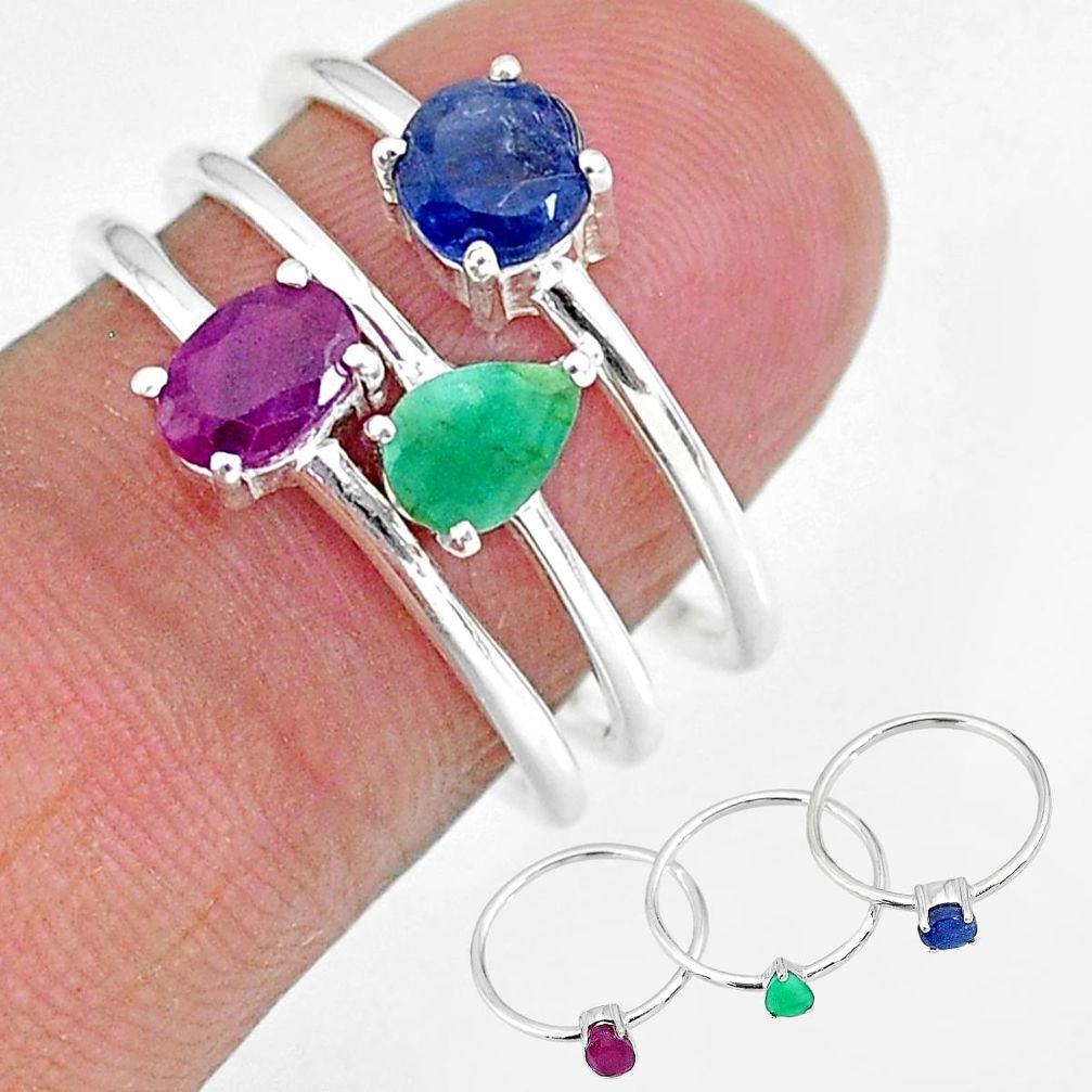 925 sterling silver 3.28cts natural green emerald ruby 3 rings size 8 r92424