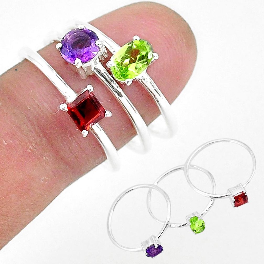 925 sterling silver 2.91cts natural green peridot amethyst 3 rings size 8 r93149