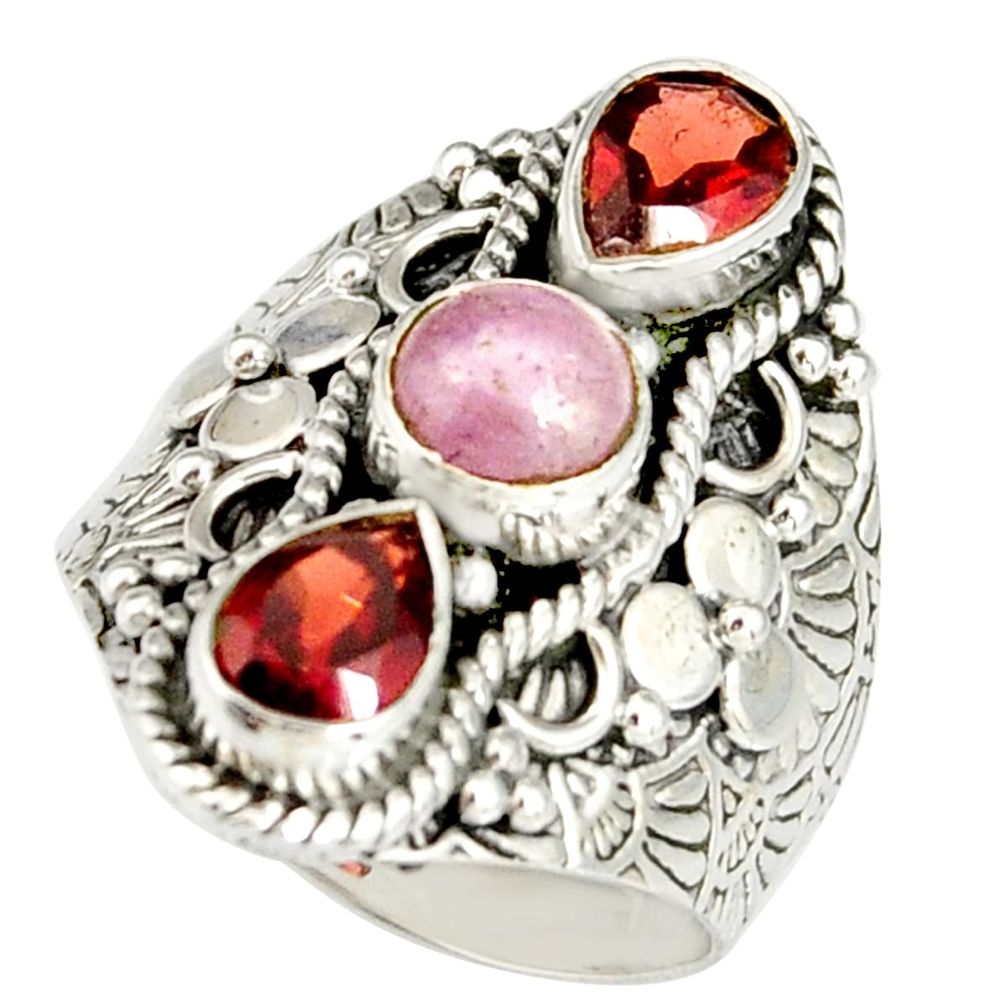 925 sterling silver 4.32cts natural pink kunzite red garnet ring size 7.5 r19169