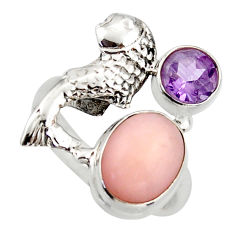 925 sterling silver 6.26cts natural pink opal amethyst fish ring size 7 d46045