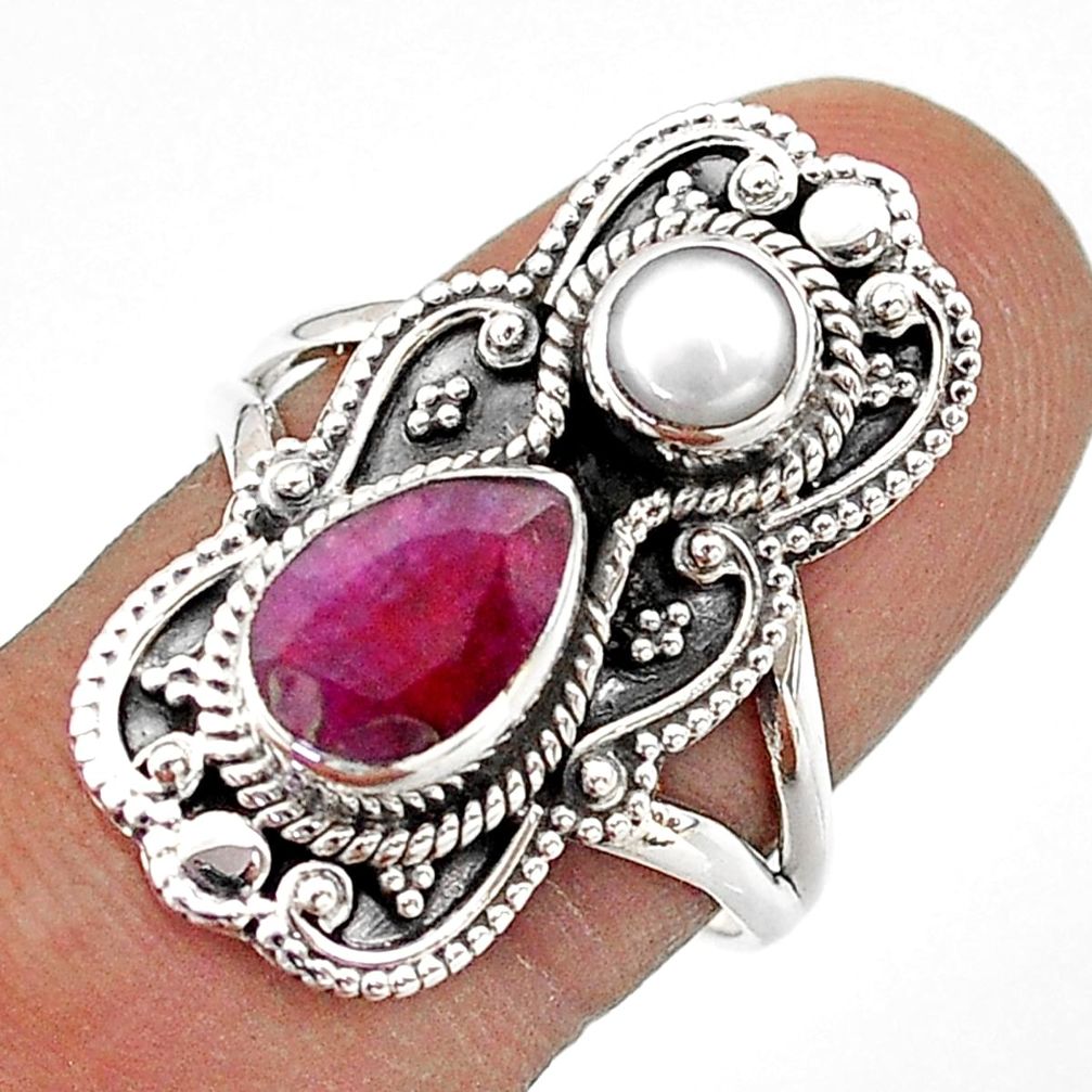 925 sterling silver 4.03cts natural red ruby pearl ring jewelry size 8 t69436