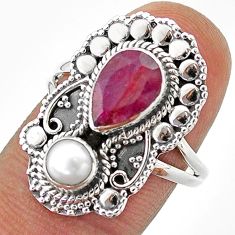 925 sterling silver 3.58cts natural red ruby pearl ring jewelry size 7.5 t69459