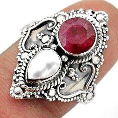 925 sterling silver 3.62cts natural red ruby pearl ring jewelry size 7.5 t69500